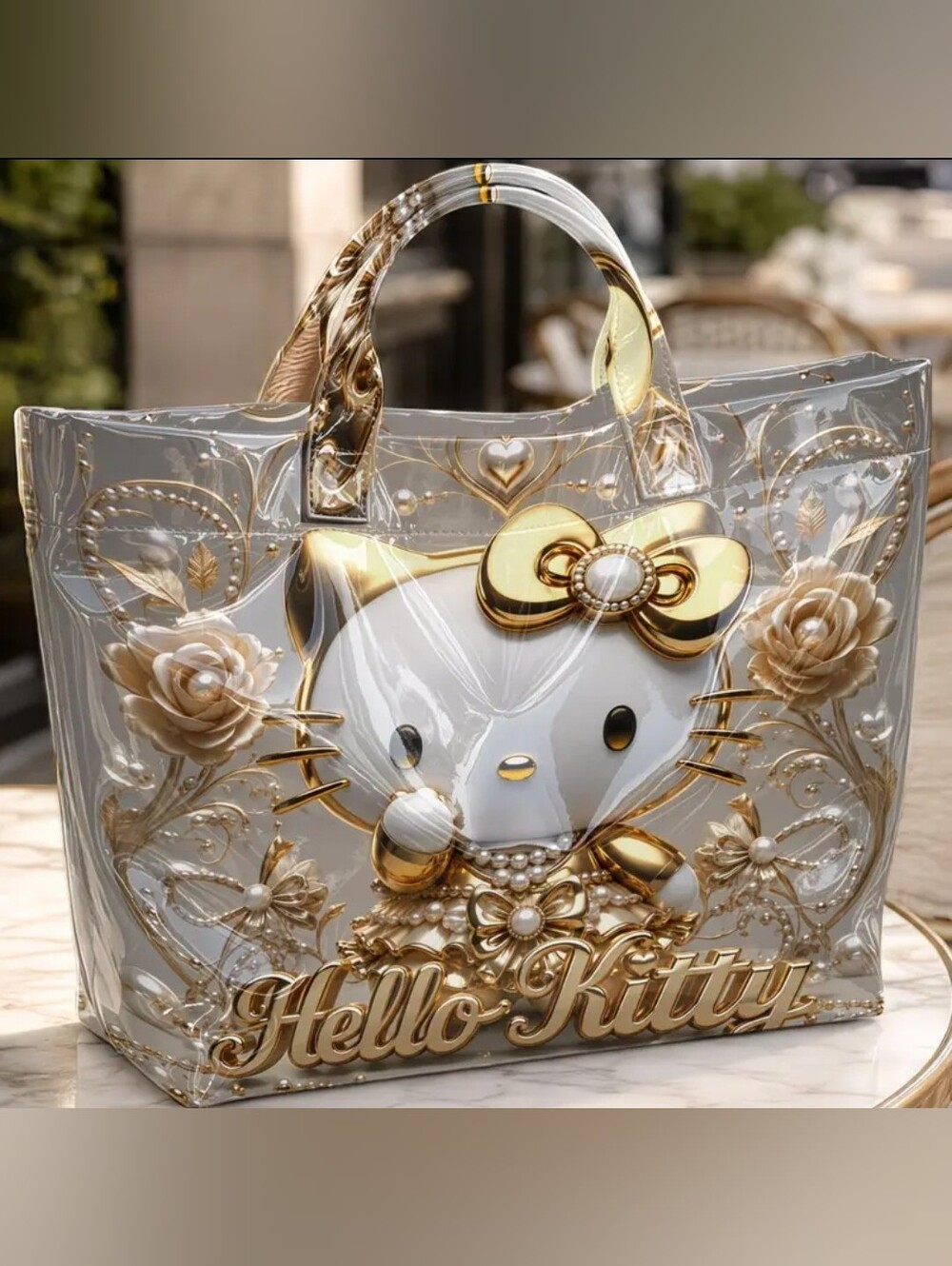 Hello Kitty Golden Glossy Rose Pearls PVC Large Women Hand Tote